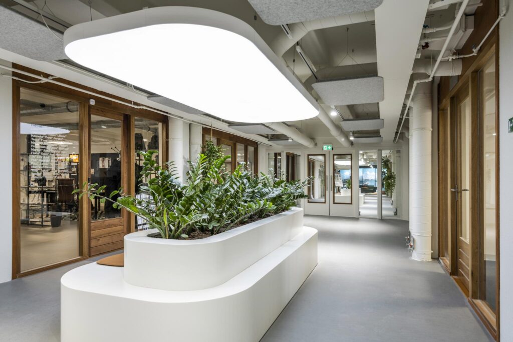Modern office hallway on Van Diemenstraat with wooden-framed glass doors, large ceiling light, and a central white bench planter with green plants.